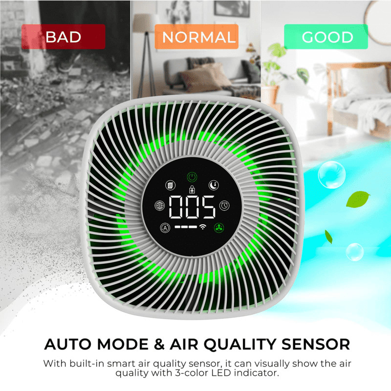 Purificador de ar inteligente com ecrã de PM2.5 e luz LED tricolor